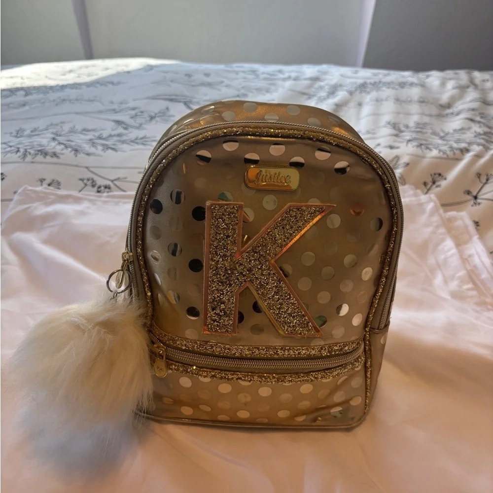 JUSTICE Mini Backpack Girls Golden‎ Dots Glitter Fancy School Travel K Monogram
